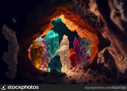 Beautiful wild crystal stalactites and stalagmites in cave. Neural network AI generated art. Beautiful wild crystal stalactites and stalagmites in cave. Neural network generated art