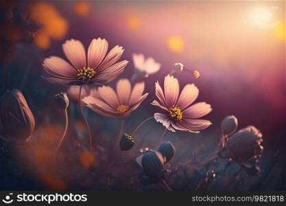 Beautiful   Wild Flowers at Sunset in a Field. AI generated Illustration.