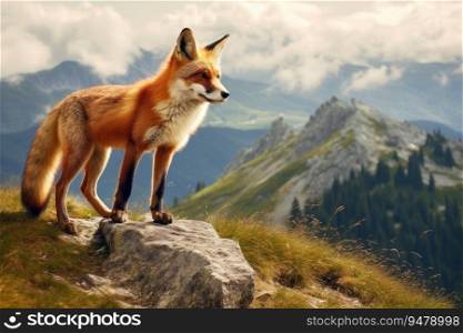 Beautiful wild red fox on mountains. Generative AI
