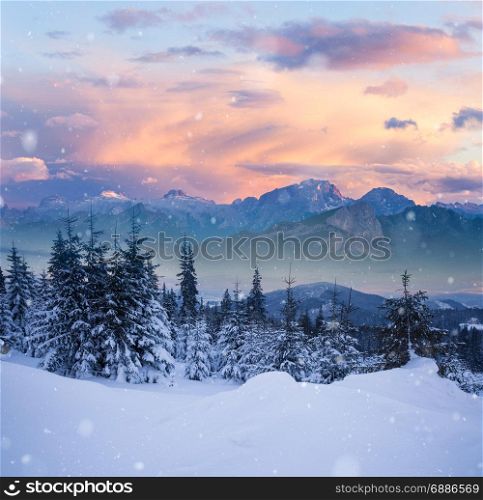 Beautiful winter alpine mountain snowy hills. High mountain landscape. Dolomites, Italy