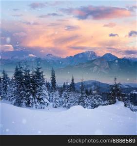 Beautiful winter alpine mountain snowy hills. High mountain landscape. Dolomites, Italy
