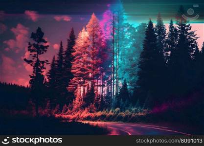 Beautiful winter forest at night and northern lights. Neural network AI generated art. Beautiful winter forest at night and northern lights. Neural network AI generated