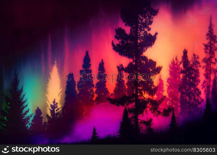 Beautiful winter forest at night and northern lights. Neural network AI generated art. Beautiful winter forest at night and northern lights. Neural network AI generated