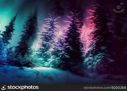 Beautiful winter forest at night and northern lights. Neural network AI generated art. Beautiful winter forest at night and northern lights. Neural network AI generated
