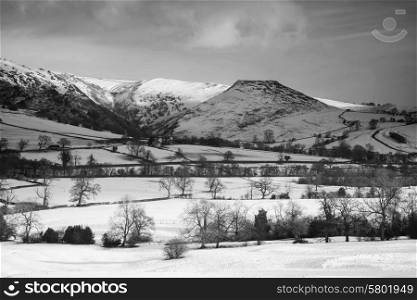Beautiful Winter landscape snow covered rural countryside in black and white