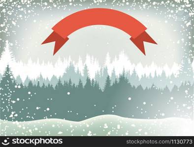 Beautiful winter landscape with flying snowflakes in a coniferous forest