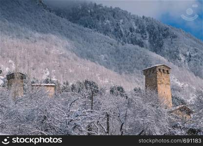 Beautiful Winter landscape with old castle in Georgia Svaneti, Mestia in snow