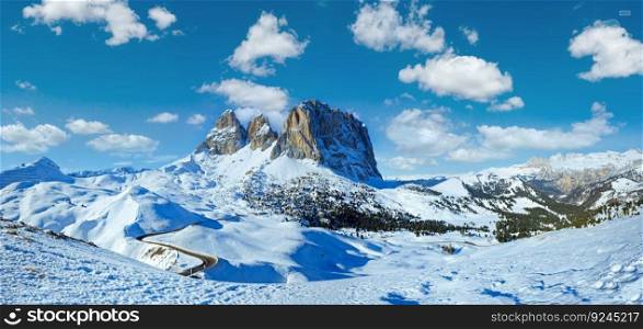 Beautiful winter mountain landscape with road (Sella Pass , Italy).