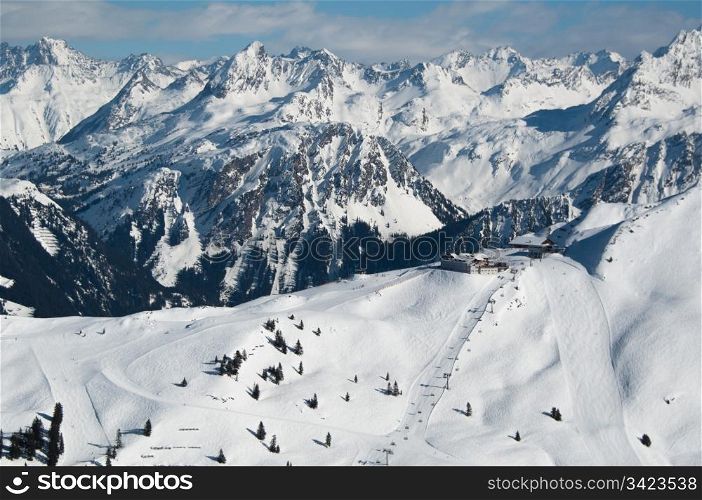 Beautiful winter mountain panorama with ski slopes in Montafon, Austria