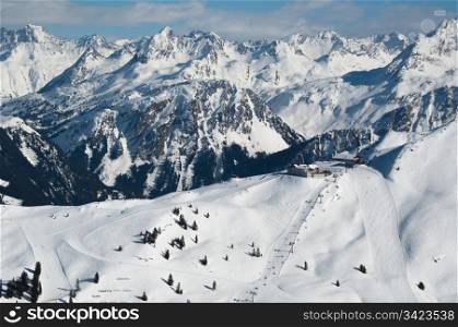 Beautiful winter mountain panorama with ski slopes in Montafon, Austria