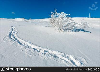 Beautiful winter rime frosting trees, communication tower and footpath track through snowdrifts on mountain slope on blue sky background (Carpathian mountain, Ukraine)
