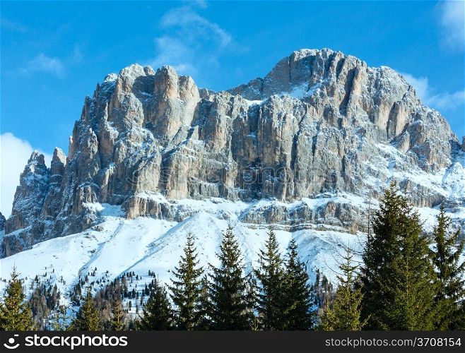 Beautiful winter rocky mountain landscape. View from the Great Dolomites Road (Grande Giro delle Dolomiti or Gro?e Dolomitenstra?e), South Tyrol Dolomites, Italy.