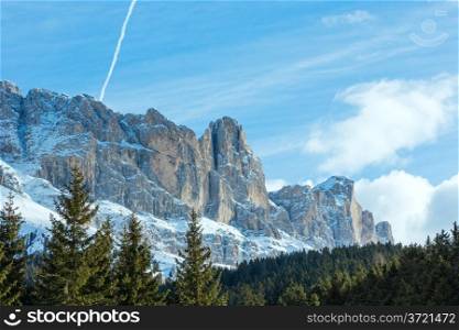Beautiful winter rocky mountain landscape. View from the Great Dolomites Road (Grande Giro delle Dolomiti or Grosse Dolomitenstrasse), South Tyrol Dolomites, Italy.