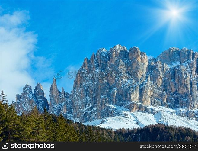 Beautiful winter rocky mountain landscape. View from the Great Dolomites Road, South Tyrol Dolomites, Italy.