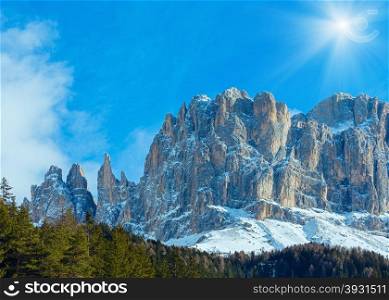 Beautiful winter rocky mountain landscape. View from the Great Dolomites Road, South Tyrol Dolomites, Italy.
