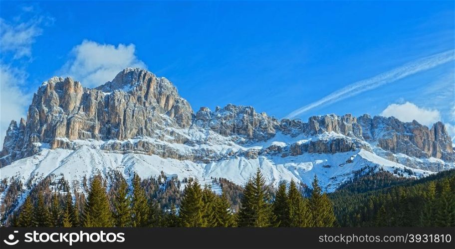 Beautiful winter rocky mountain panorama. View from the Great Dolomites Road (Grande Giro delle Dolomiti), South Tyrol Dolomites, Italy.