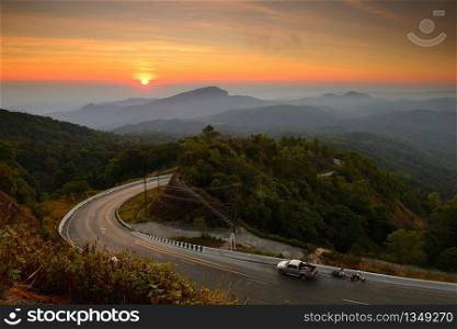 Beautiful winter sunrise landscape viewpoint at km.41 of Doi Inthanon Chiang Mai Thailand. Landscape of forest, mountain in north Thailand.