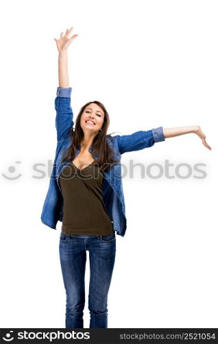 Beautiful woman and verry happy woman with arms on the air, isolated over white background. Happy Woman