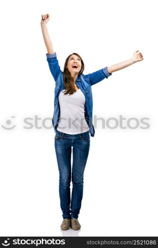 Beautiful woman and verry happy woman with arms on the air, isolated over white background. Happy Woman