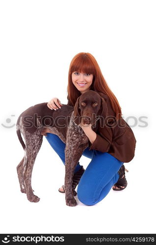 Beautiful woman and young dog - isolated over white