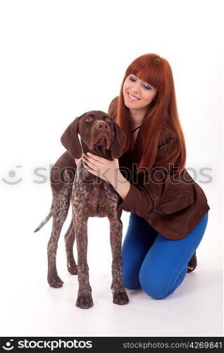 Beautiful woman and young dog - isolated over white