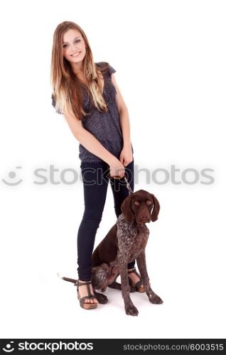 Beautiful woman and young dog - isolated over white