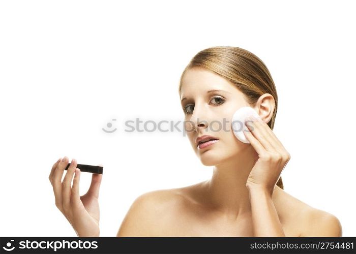 beautiful woman applying makeup. beautiful woman applying makeup on white background