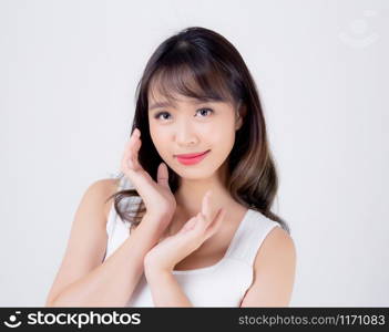 Beautiful woman asian makeup of cosmetic, beauty asia girl hand touch cheek and smile attractive, face of beauty perfect with wellness isolated on white background with skin healthcare concept.