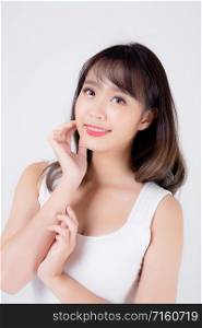 Beautiful woman asian makeup of cosmetic, beauty asia girl hand touch cheek and smile attractive, face of beauty perfect with wellness isolated on white background with skin healthcare concept.