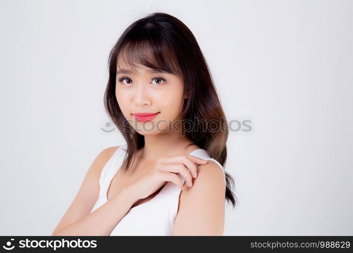 Beautiful woman asian makeup of cosmetic, beauty asia girl hand touch shoulder and smile attractive, face of beauty perfect with wellness isolated on white background with skin healthcare concept.