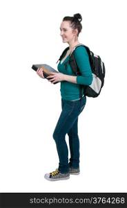 Beautiful woman college student with a backpack or book bag