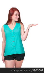 Beautiful woman displaying products with empty hand