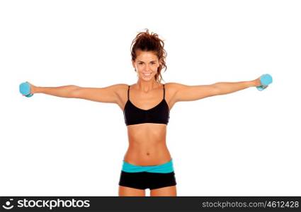 Beautiful woman do toning exercises with dumbbells isolated on a white background