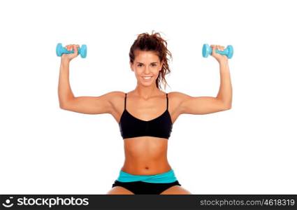 Beautiful woman do toning exercises with dumbbells isolated on a white background