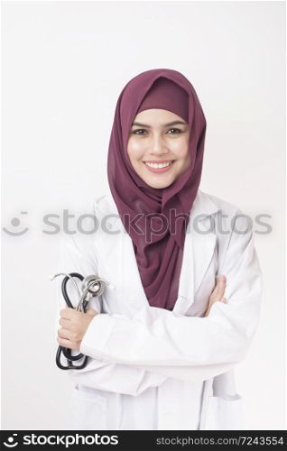 Beautiful woman doctor with hijab portrait on white background