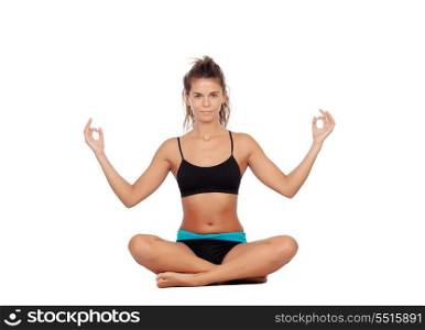 Beautiful woman doing relaxation exercises isolated on white background