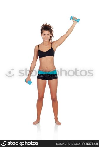 Beautiful woman doing weights to tone her muscles isolated on a white background