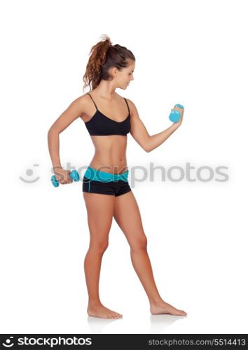 Beautiful woman doing weights to tone her muscles isolated on a white background