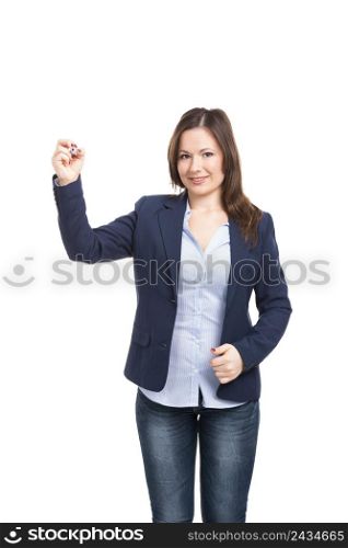 Beautiful woman drawing on a glass board, isolated over white background
