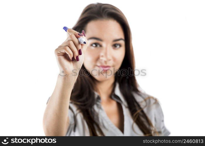 Beautiful woman drawing on a glass board, with copy space for the designer