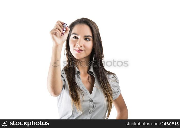 Beautiful woman drawing on a glass board, with copy space for the designer