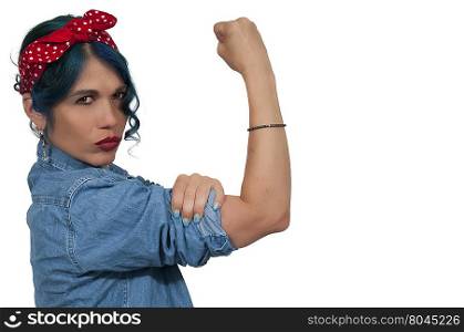 Beautiful woman dressed as the iconic Rosie the Riveter