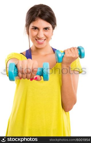 Beautiful woman exercising - fitness concept - isolated over copy space background