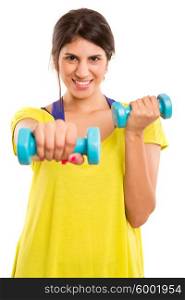 Beautiful woman exercising - fitness concept - isolated over copy space background