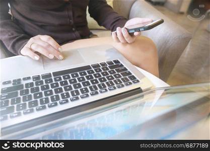Beautiful Woman Explore Online Shopping Website. Close up hands of young woman shopping online by using laptop