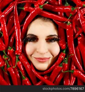 Beautiful woman expression face with red chili pepper frame
