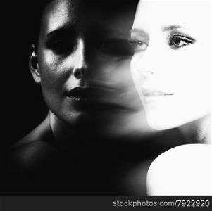 Beautiful woman face and reflection, perfect makeup, beauty and fashion, black and white image