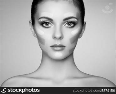 Beautiful woman face. Perfect makeup. Beauty fashion. Eyelashes. Cosmetic Eyeshadow. Black and white