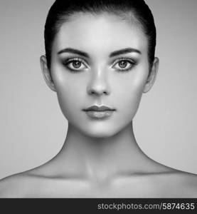 Beautiful woman face. Perfect makeup. Beauty fashion. Eyelashes. Cosmetic Eyeshadow. Highlighting. Black and white