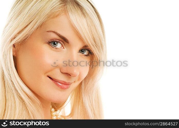 Beautiful woman face smiling. Isolated on white